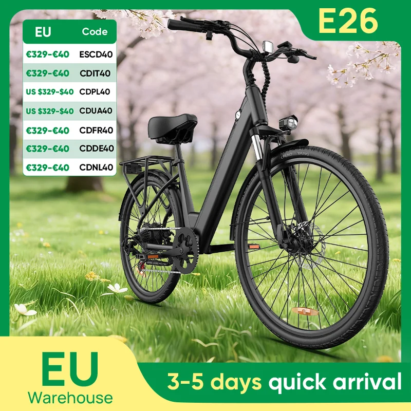 Urlife 750W e-bike banlieue 26x2 "pneus 48V 10.4Ah écran LCD amovible vitesse 7 vitesses freins à disque hydrauliques pour adultes