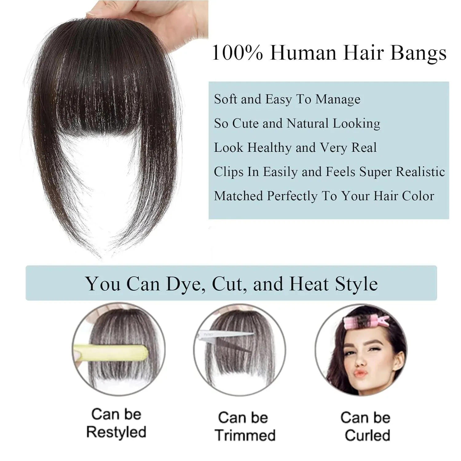 100% Human Hair Fringe Bangs French Bangs with Temples Clip in Wispy Air Bangs Natural Curved Hairpieces Extensions for Daily