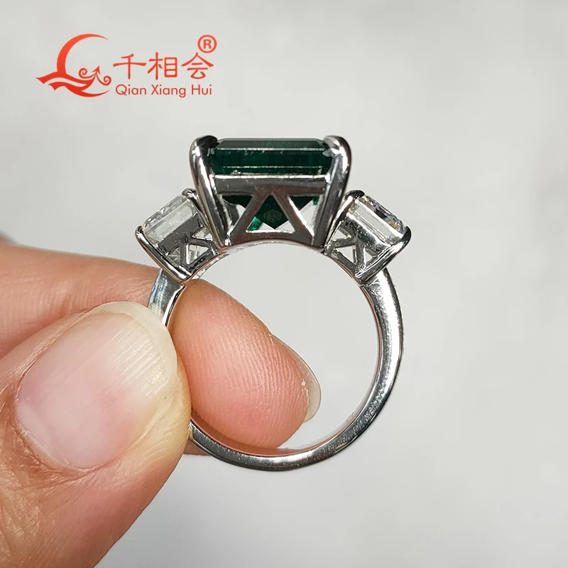 

Hydrothermal Created green 12x16mm Emerald S925 Silver Ring with Baguette Moissanite Wedding Ring Jewelry