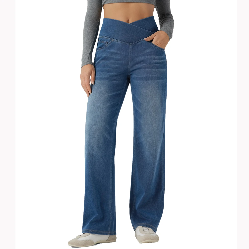 Shascullfites Blue Wash High Waist Women's Jeans Stretch Denim Jeans Soft Casual Straight Jeans Crossover