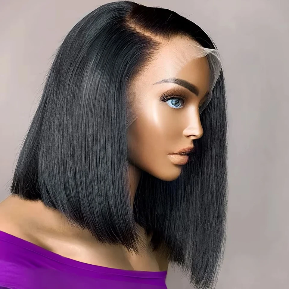 

13x4 Transparent Lace Wig Straight Bob Wig 100% Human Hair Natural Black Color Short Bob Wig Human Hair 200 Density Pre Plucked