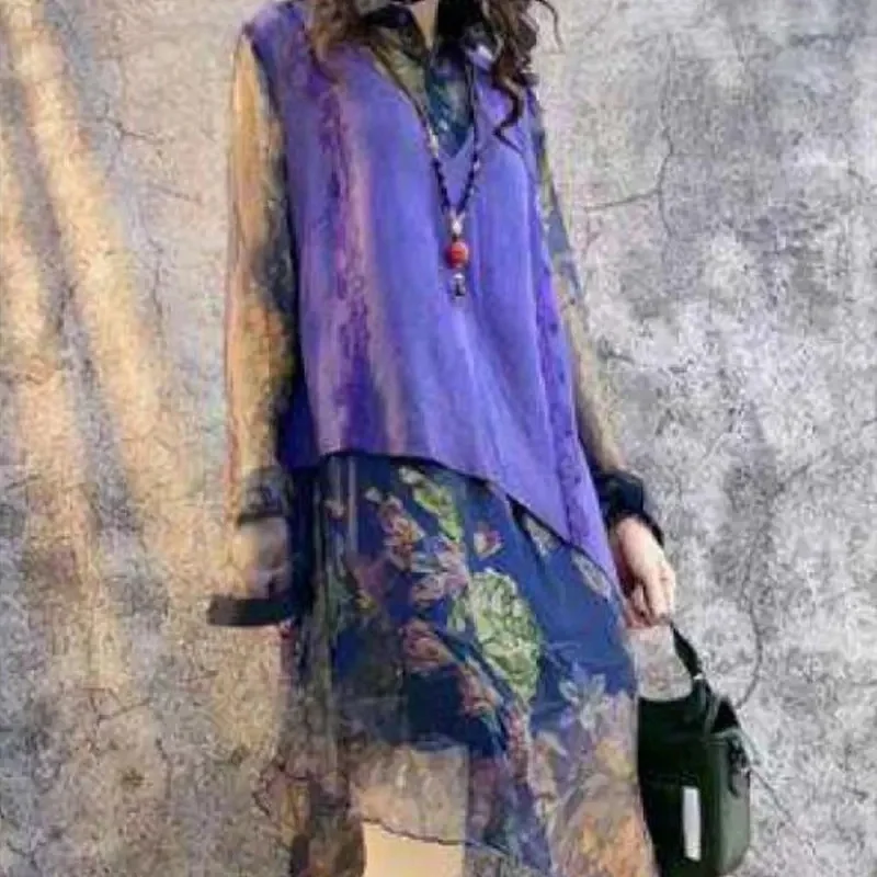 Casual Nep Twee Stukken Asymmetrische Jurken Dames Kleding Vintage Bloemenprint Lente Herfst Turn-Down Kraag Midi Jurk Nieuw - afbeelding 2