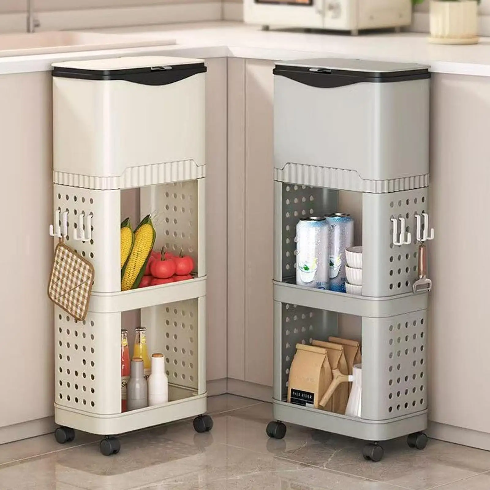 

2025 New Kitchen Trash Can Household Movable Heightened No-Bending Large Capacity Movable Gap Multi-Function Storage Rack