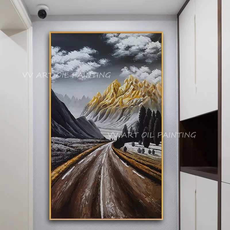 

100% gold foil mountain top road thick oil painting abstract modern canvas wall art sitting room adornment decoration as a gift