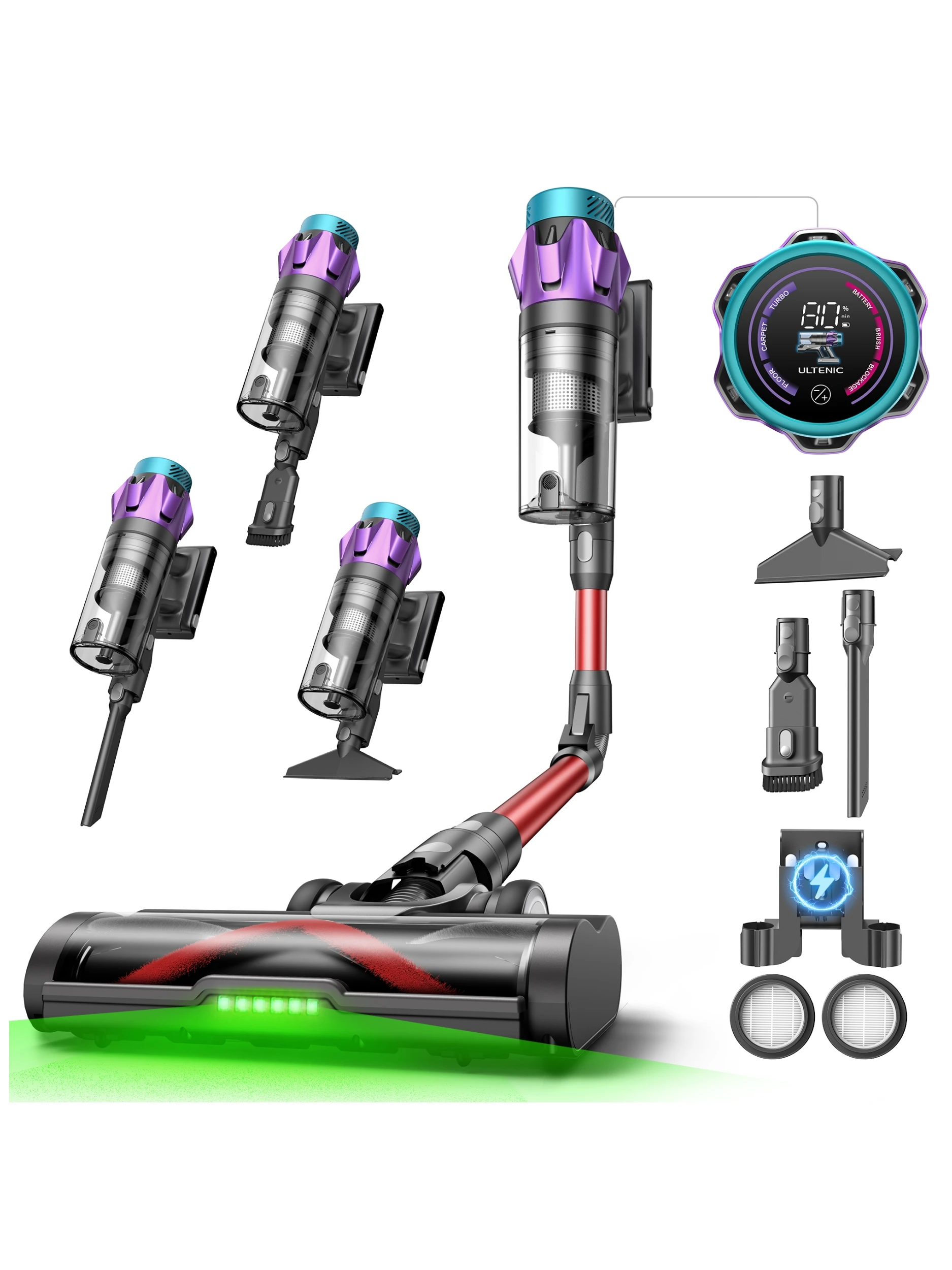 Odkurzacz bezprzewodowy Ultenic U18 Pro – Niski poziom hałasu, wyświetlacz LED, mocne ssanie 600W 55Kpa, maksymalna czasowa wydajność 80 minut, 180 ° Elastyczna różdżka, konstrukcja samostojąca. — 2