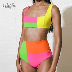 Bandaż damski strój kąpielowy fluorescencyjny Colorblock Bikini na plażę oddzielne stroje kąpielowe Bandeau Sexy wysoka talia dwie sztuki