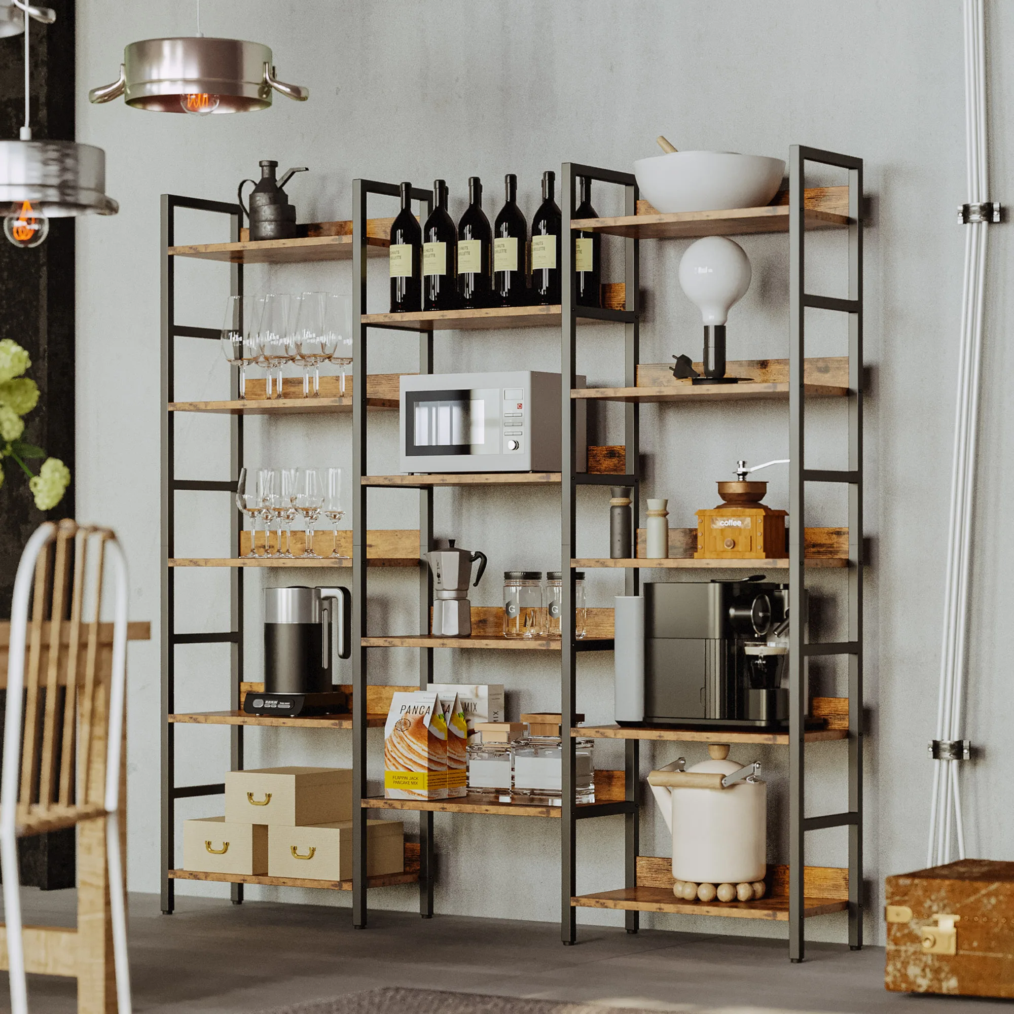 IRONCK Bookcases and Bookshelves Triple Wide 5 Tiers Industrial Bookshelf with Baffles Large Etagere Bookshelf with Metal Frame