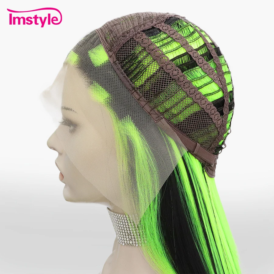 Imstyle-peruca dianteira do laço sintético, super longa, verde fluorescente, preto misto, cabelo liso, fibra resistente ao calor, 44"