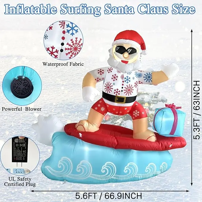 

Надувные лодки Рождественский серфинг Санта-Клаус Забавный большой надувной декор со встроенными светодиодными фонарями Американская вилка Рождественское украшение для двора и дома