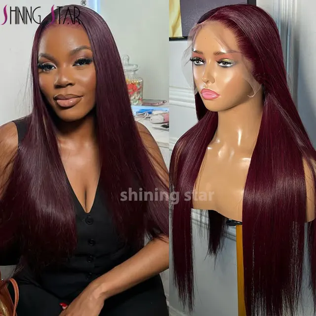 Perruque Lace Frontal 13x4 « Wear and Go » sans colle, cheveux naturels, texture ondulée (Body Wave), couleur bordeaux ; perruque Lace Closure 13x6 sans colle, prête à porter.