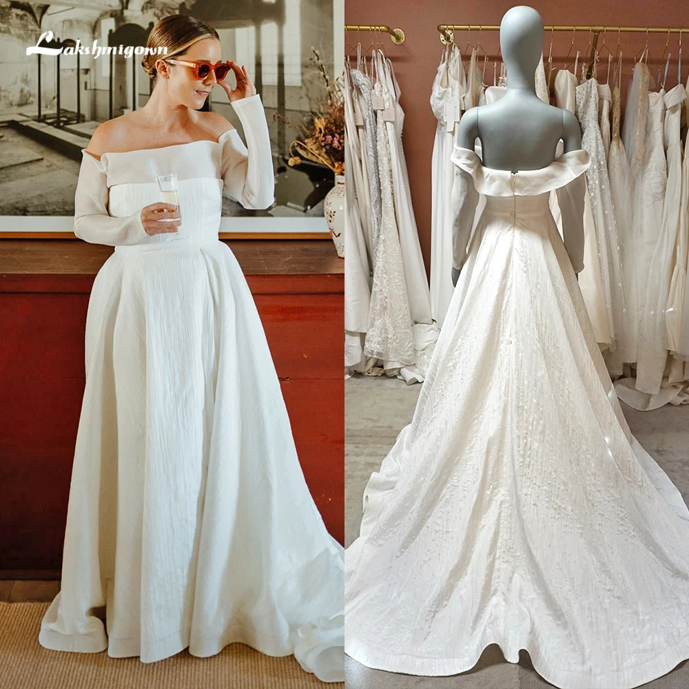 Robe de mariée trapèze à manches longues pour femmes, simple et sexy, col bateau, fendue sur les patients bohèmes, robe de balayage, éducatif