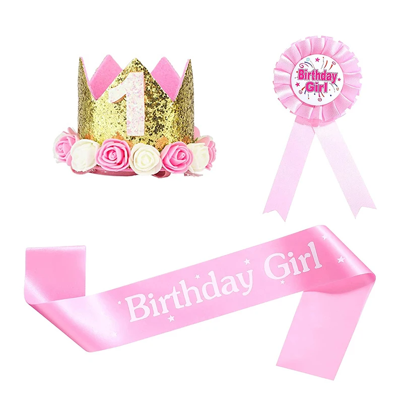 

Princess Girls 1st Birthday Party Decoration First Birthday Crown Hat Sash Birthday Girl Pin Button for Baby Birthday Shower