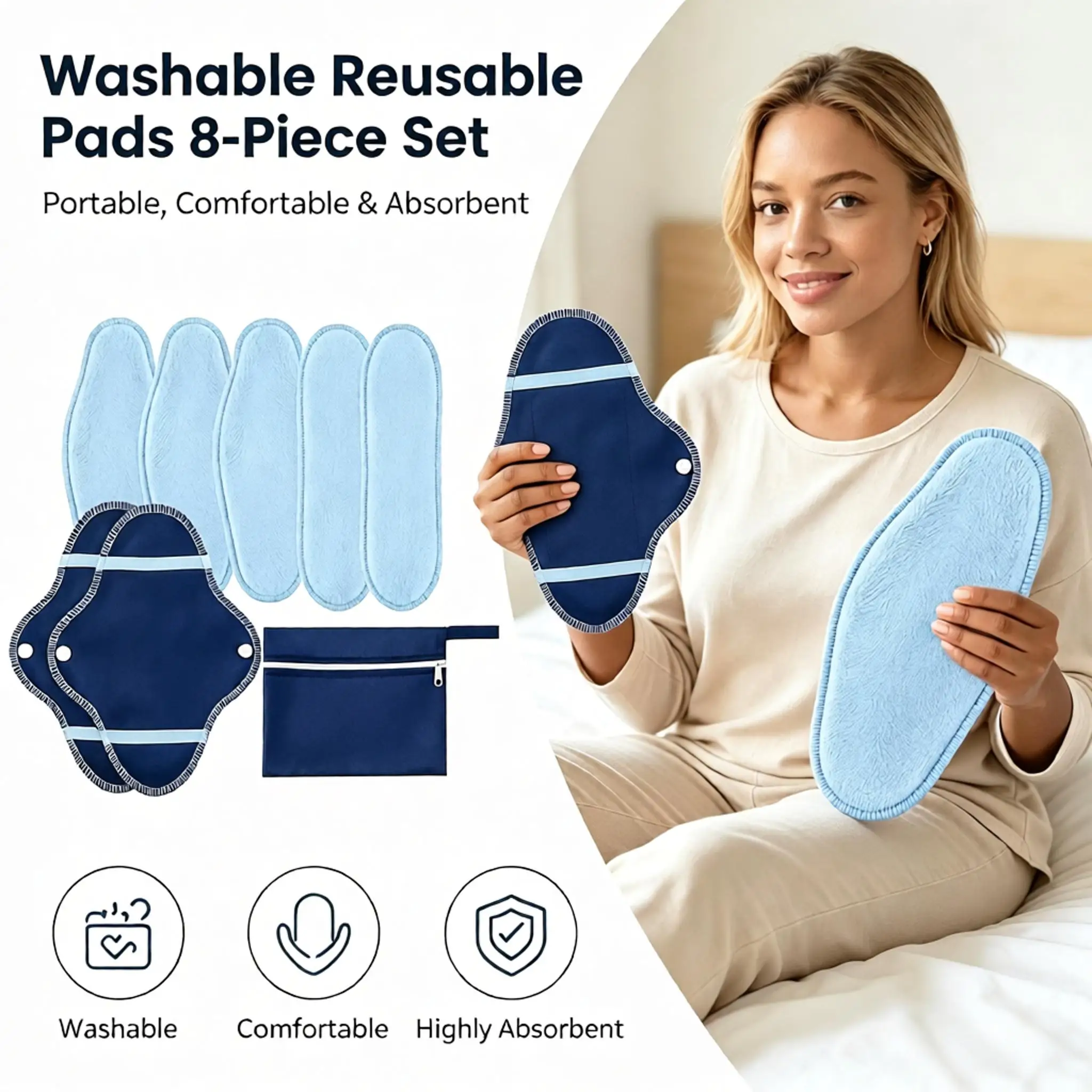 8Pcs Fleece Reusable Washable Menstrual Pads Leakproof Sanitary Pads Heavy Flow Postpartum Panty Liners for Elderly Incontinence