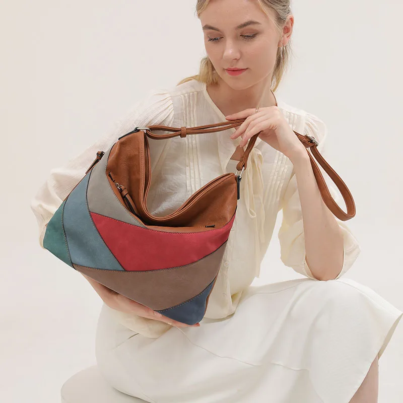 

Color block stitching women's new fashion PU handbag shoulder bag crossbody bag large capacity bucket bag tote bag
