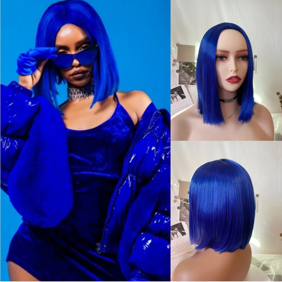 WIGERA  Synthetic Cheap Dark Bright Blue Short Straight Bob Hair Natural Color Wigs For Women  Party Daily Cosplay Halloween Use