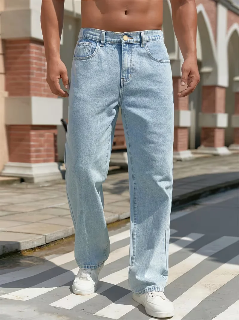 Light Blue Men's Casual Straight-leg Jeans, Non-stretch Fabric, Regular Length, All-season Comfort, |easy Jeans|comfortable Jeans|washed Jeans|suitable for Travel