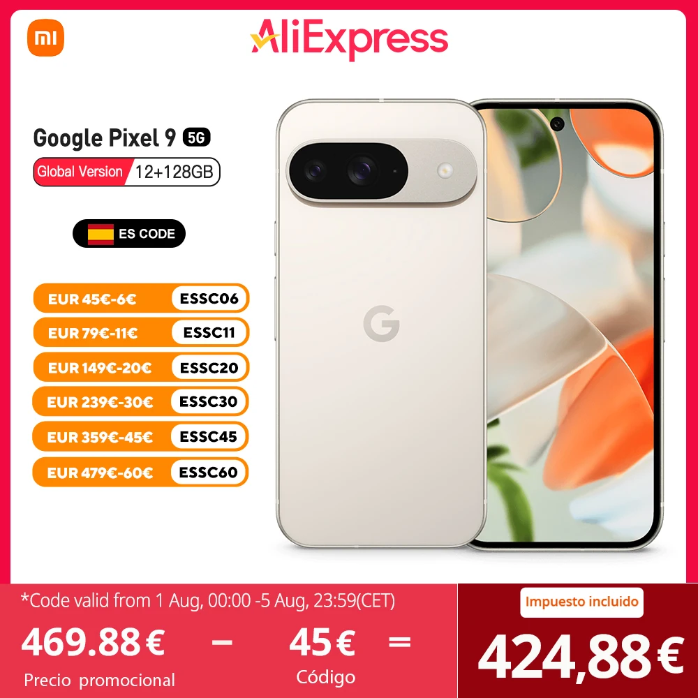 Google Pixel 9 5G Versión Global Google Tensor G4 Pantalla AMOLED 6,3″ 120Hz  50MP + 48MP 4700mAh batería NFC, Sin Cargador