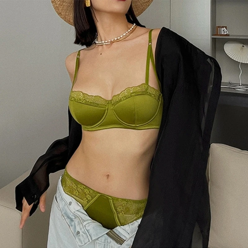 New Lace Snowflake Embroidery Bra Set Sexy 1/2 Thin Cup Women Underwear Summer Green Push Up Brassiere and Panties Set Lingerie