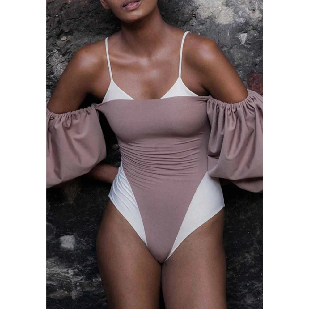 

Color-Blocking Sling-Style One-Shoulder Puff-Sleeved Swimsuit Open-Back Slim Sexy Bikini High-Waisted One-Piece Beachwear 2022