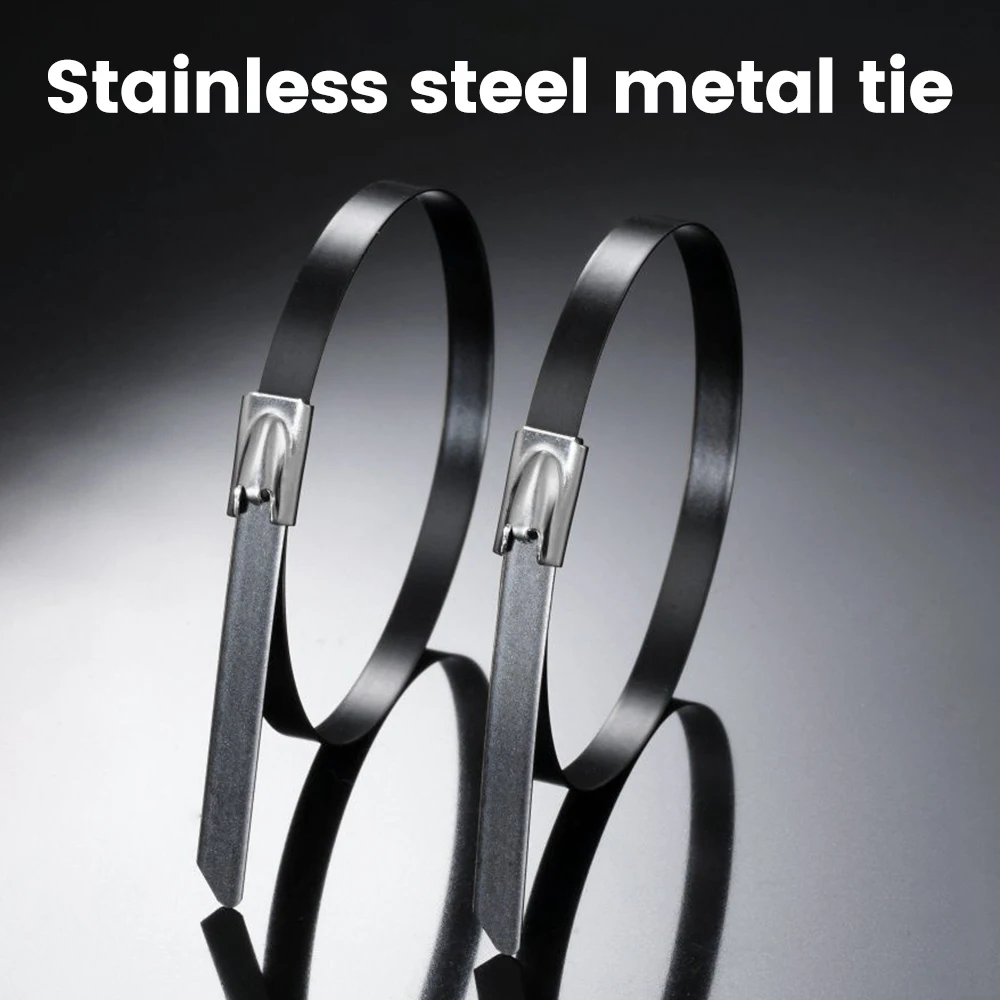 100PCS 304 Stainless Steel Metal Black Cable Ties Self-locking High-Temperature Resistant Anti-Oxidation Material