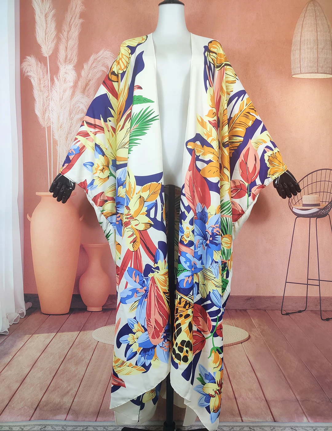 

Middle East Popular Bohemian Summer Floral Muslim Women's Loose Open Front Duster Coat Oversize Europe Beach Party Long Kimonos