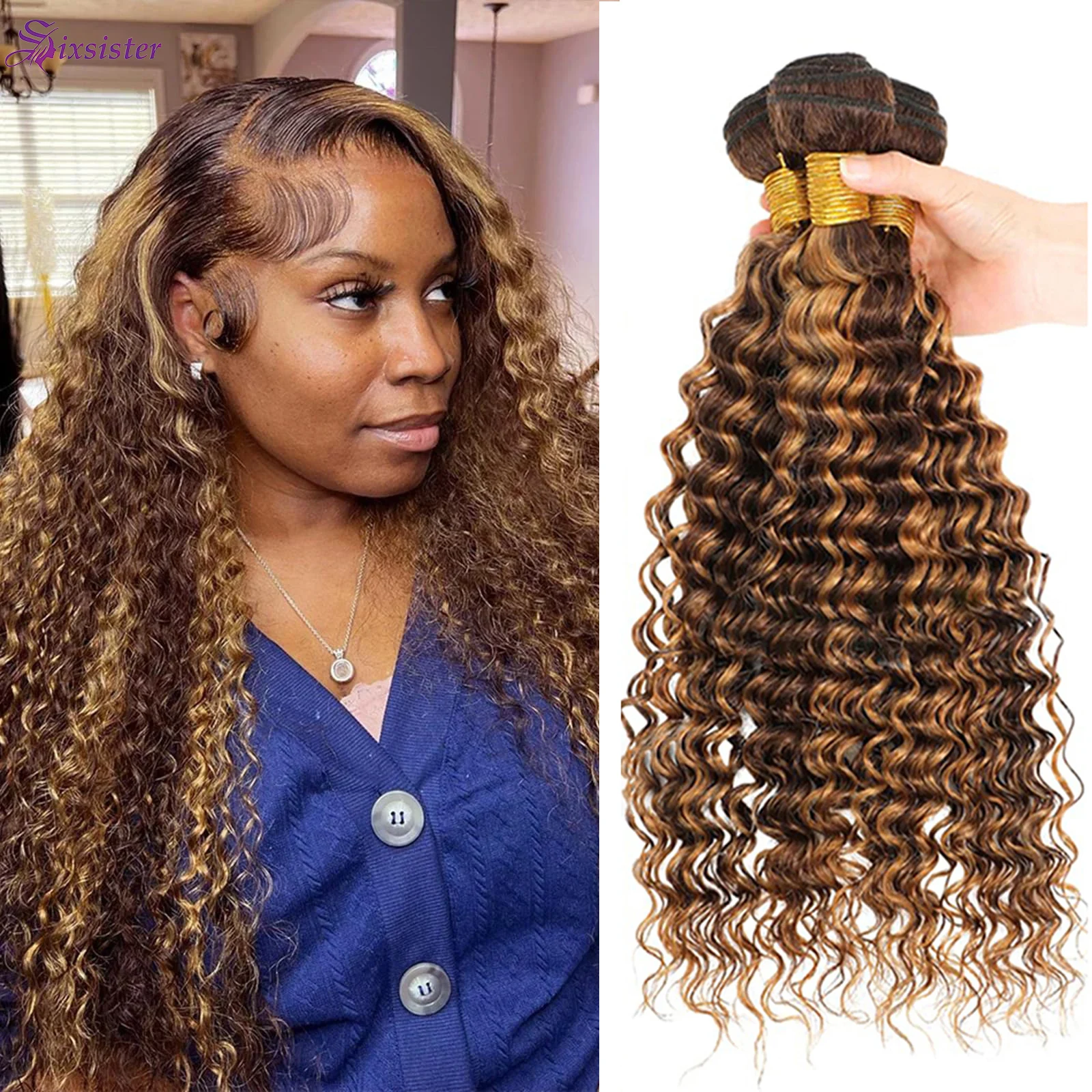 

P4/27 Piano Color Mix Deep Wave Пучки Шоколадно-коричневый и медовый блондин Пучок человеческих волос Двойной уток Бразильский пучок человеческих волос