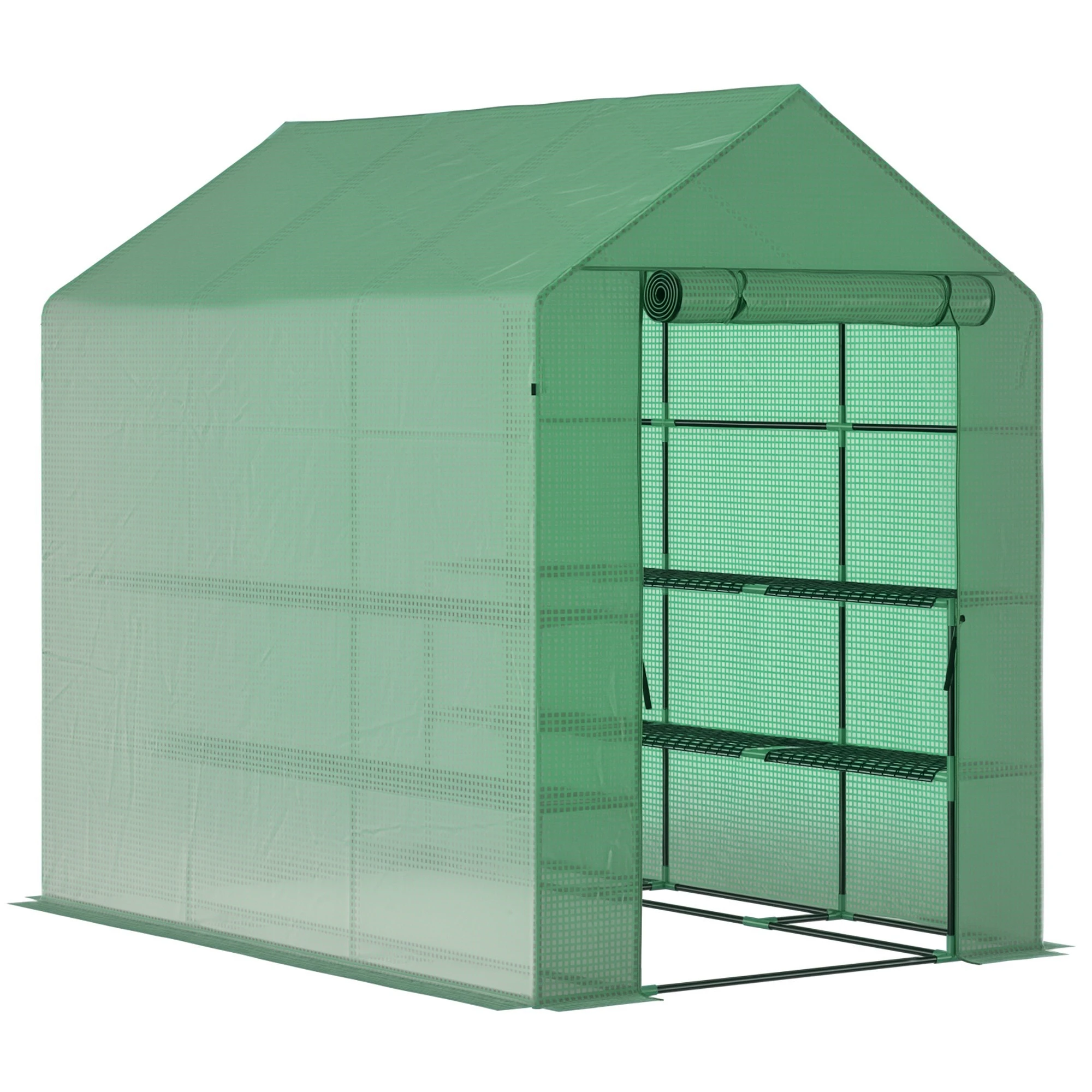 7' x 5' x 6' Walk-in Greenhouse for Outdoors with Mesh Door, 18 Shelf Hot House with Trellis, Plant Labels, UV Protective for Growing Flowers, Herbs, Vegetables, Saplings, Green