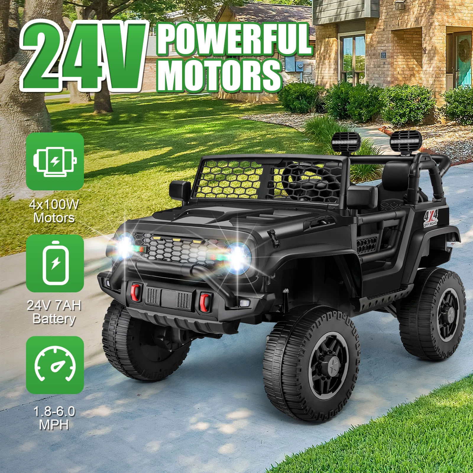 Coche para niños de 24 V, coche eléctrico de 2 plazas con control remoto, conmutable 4WD/2WD, 3 velocidades, suspensión de resorte, asiento de 20" de ancho