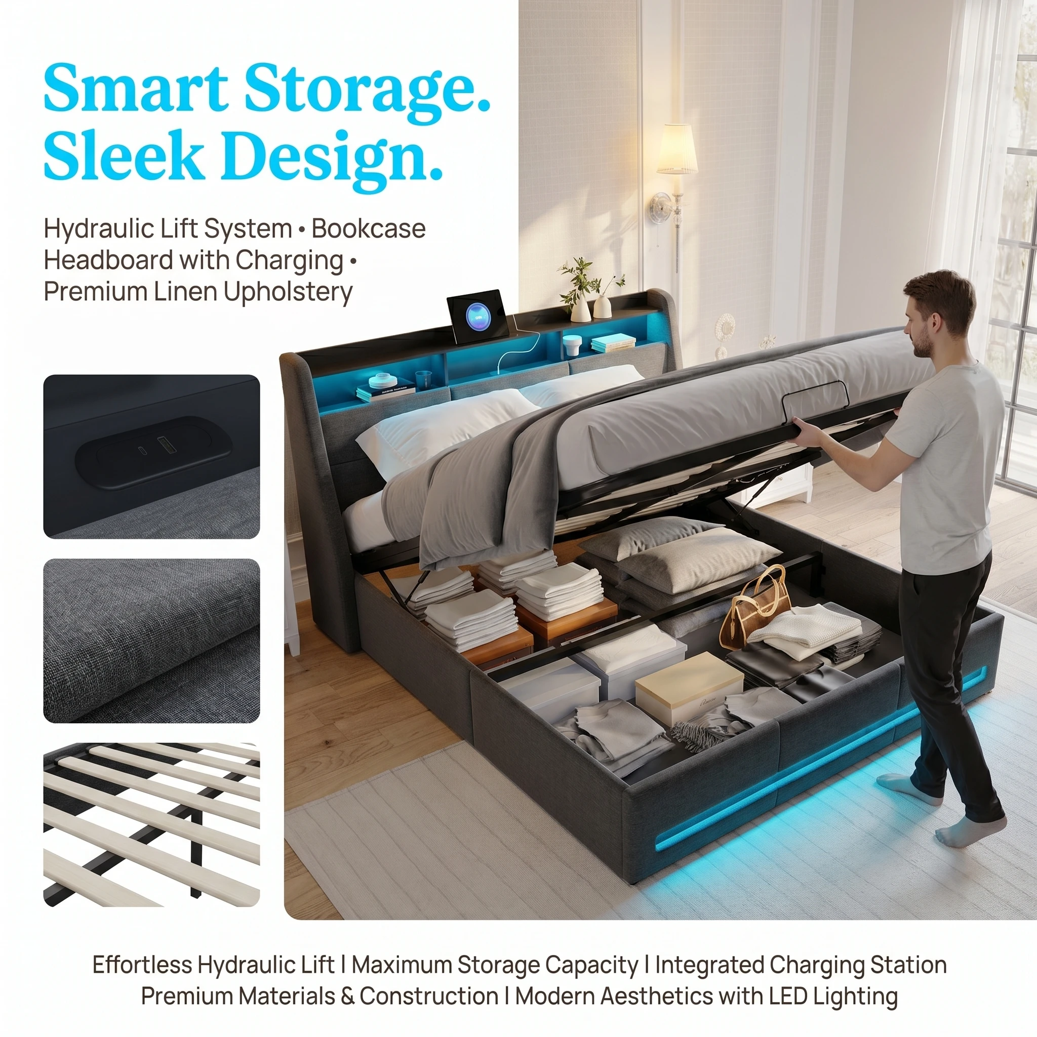 Cama con Almacenamiento Hidráulico Tapizada Superaly de 140×190cm con Luces LED RGB, Estación de Carga y Cabecera con Almacenamiento para Dormitorio