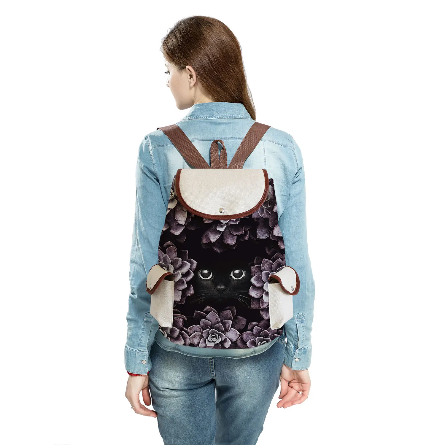 Katze Rucksack Hohe Kapazität Frauen Rucksack Jugendliche Kordelzug Rucksäcke Floral Tier Mode Teenager Schule Tasche Nach Muster