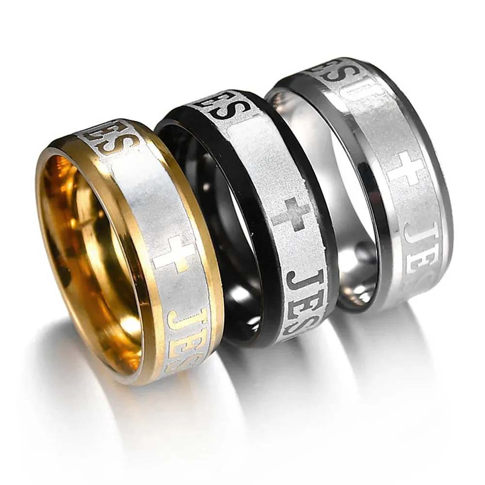 Bagues de prière en acier inoxydable noir avec croix de Jésus et lettres bibliques pour hommes, 8 mm, bijoux amulette
