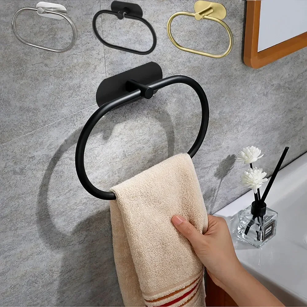 Suporte de toalha de aço inoxidável, Rack auto-adesivo para banheiro, Black Washhand Hanger, Ring
