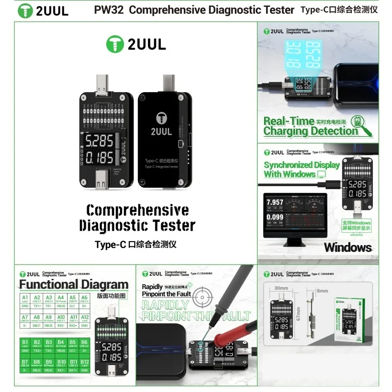 Тестер порта 2UUL PW32 Type-C — обнаружение зарядки в реальном времени и быстрое местоположение неисправностей для обслуживания мобильных телефонов и планшетов