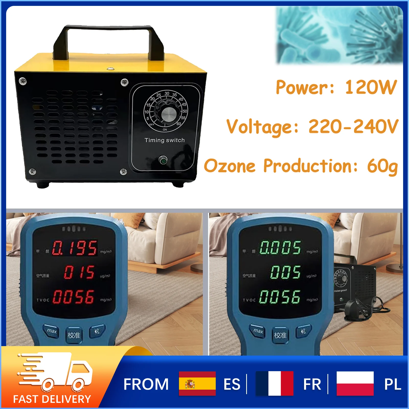 Generador de Ozono Pulsante de 60 g/h, Acero Inoxidable, Ventilador y Producción de Ozono Ajustables, para Eliminación Profunda de Olores