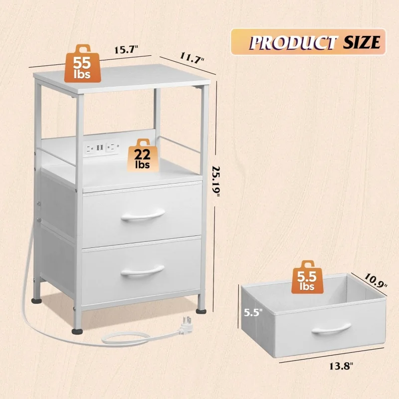 منضدة GALAXHERO مع محطة شحن LED طاولة بجانب السرير 2 أدراج قماشية رف تخزين 3 منافذ USB 2 منافذ خزانة صغيرة