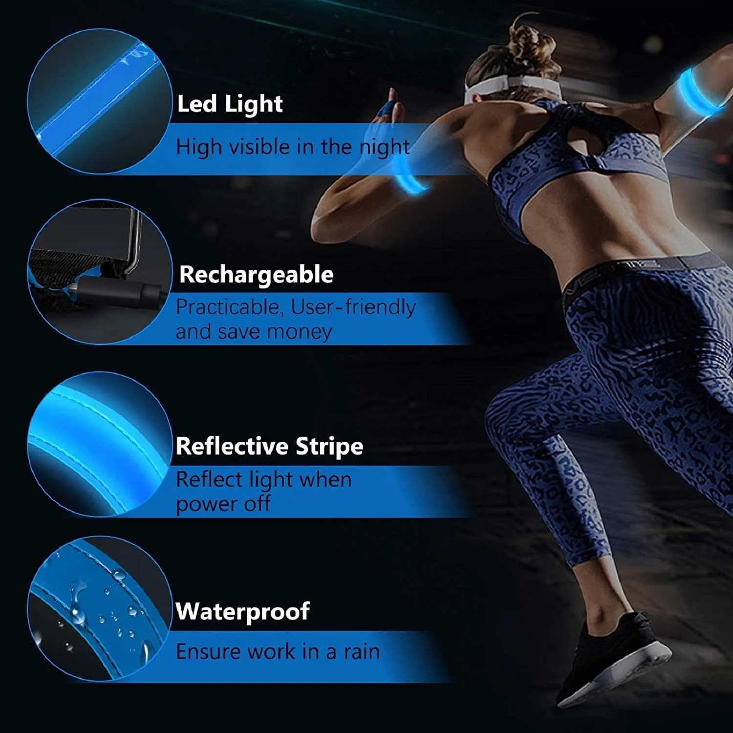 Brazalete Luminoso LED con carga USB para Seguridad en Correr por la noche, Banda Reflectante con Luz LED, Pulsera reflectante de seguridad para