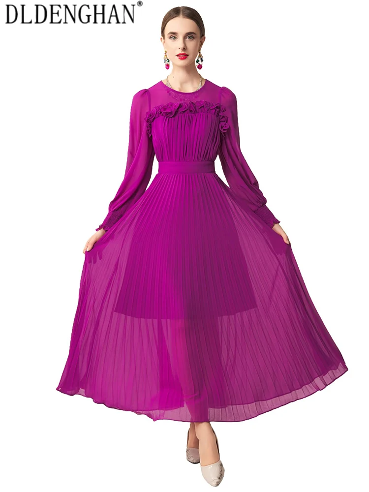 DLDENGHAN Women Classic Style Solid O-Neck Lantern Sleeve Lotus leaf lace Spring Summer Draped Dresses