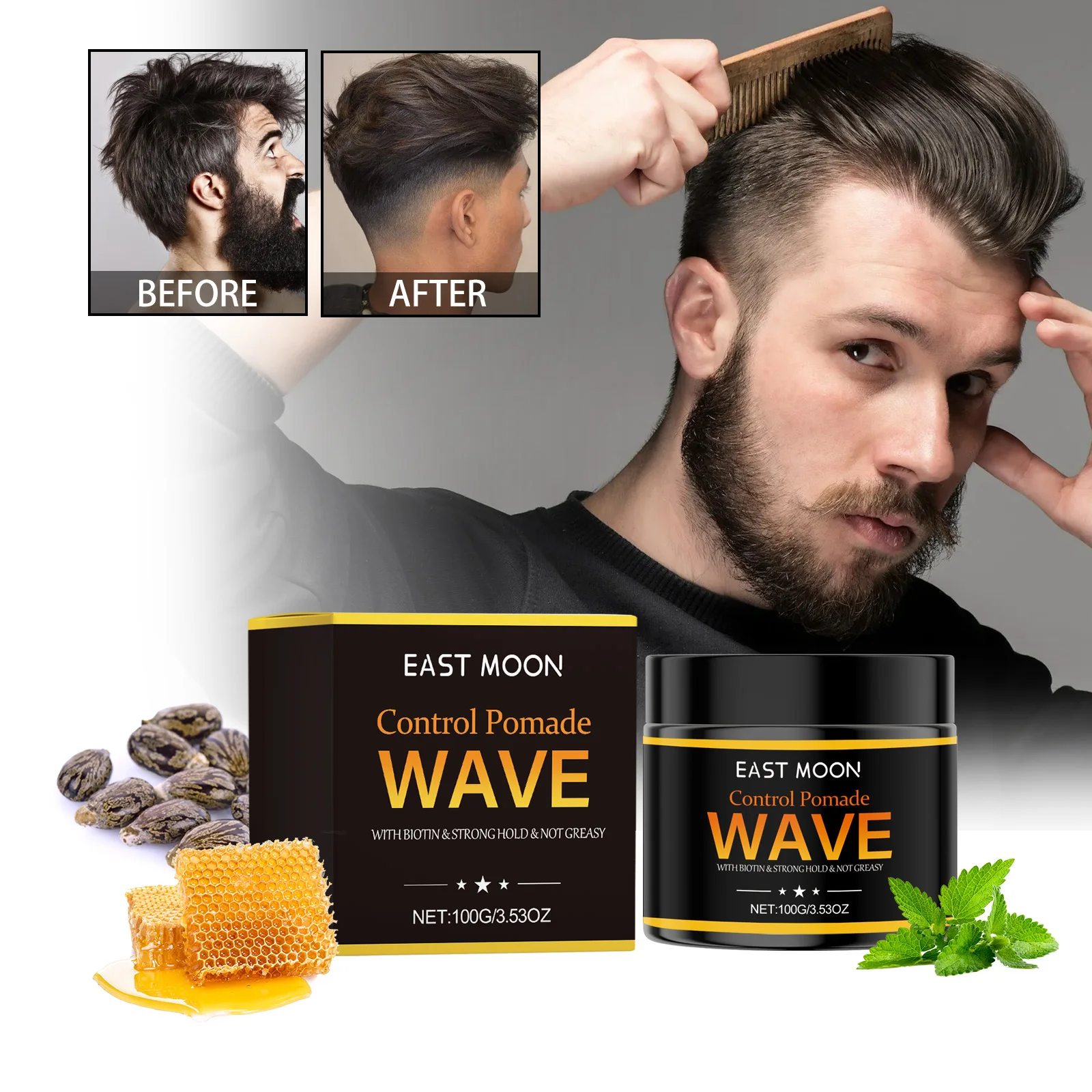 East moon Natural Wave Pomade for Men Strong Hold Easy Wash Wave Training Hair Cream Waves Grease Men Promotes Layered Waves