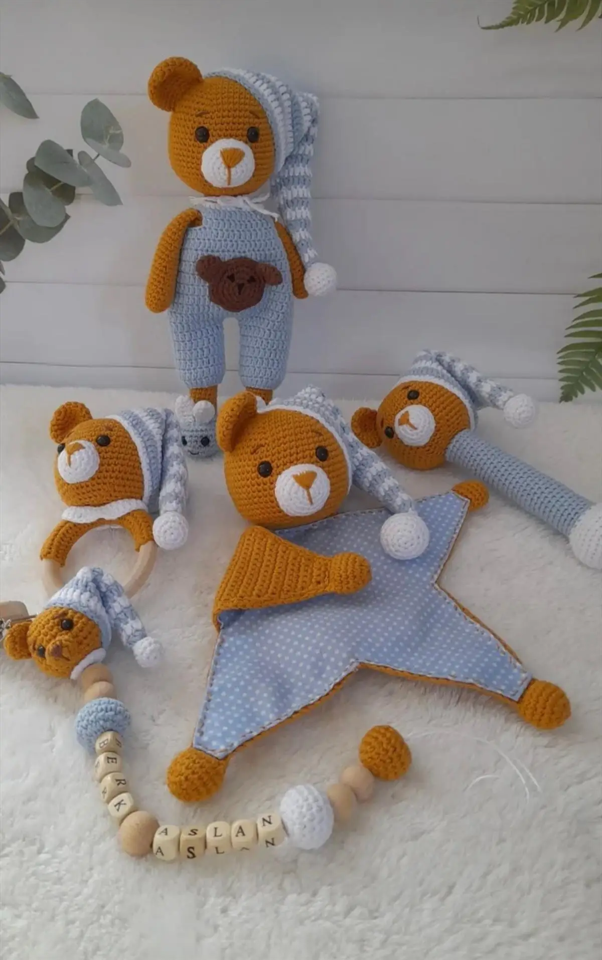 Handmade Amigurumi Teddy Bear Set of Five with 25 cm Rattle and Pacifier Chain