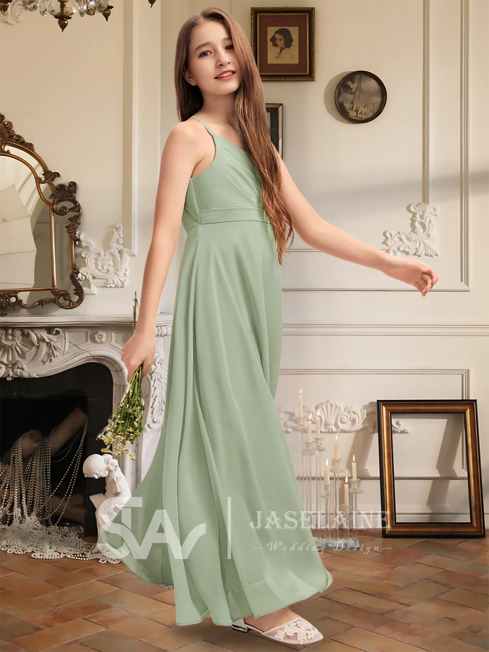 

A Floor-Length A-Line V-Neck Chiffon Junior Bridesmaid Dress Ruched Pleats Flower Girl Dress Kid Special Wedding Party Formal