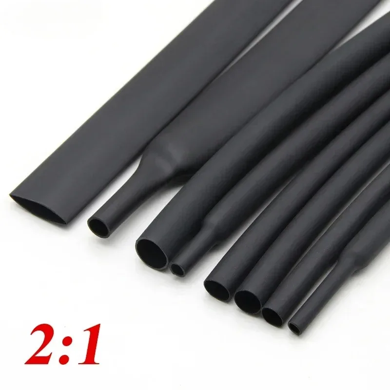 2m Black Heat Shrinkable Tubing, 2:1 Ratio, 1.5mm to 50mm Flexible PE/Polyolefin Material for DIY Cable Repair & Wire Protection
