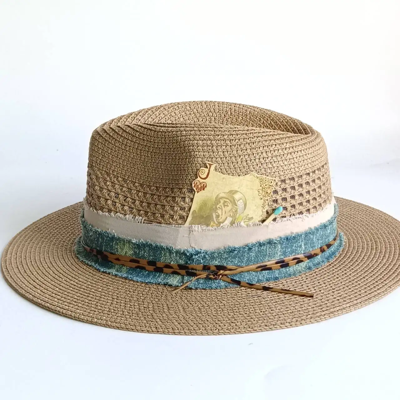 Vintage Beige Straw Hat Feather Decor Beaded Ribbon Wide Brim Fedora Summer Sun Hat for Women Men WesternPanamaBeach Capна пляж 5
