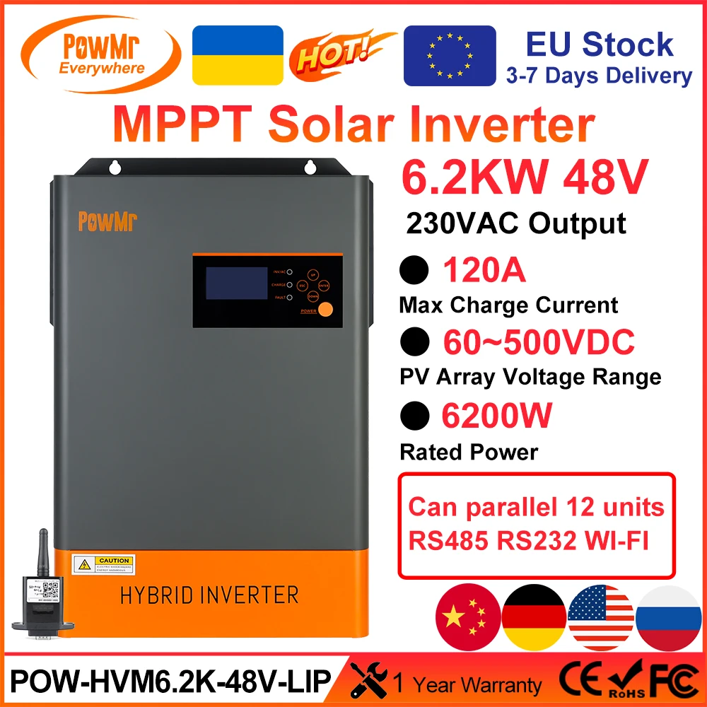 PowMr 6.2KW Hybrid Solar Inverter 48V to 220V 380V Pure Sine Wave Build in 120A Solar Controller PV 500VDC Can Parallel 12 Units