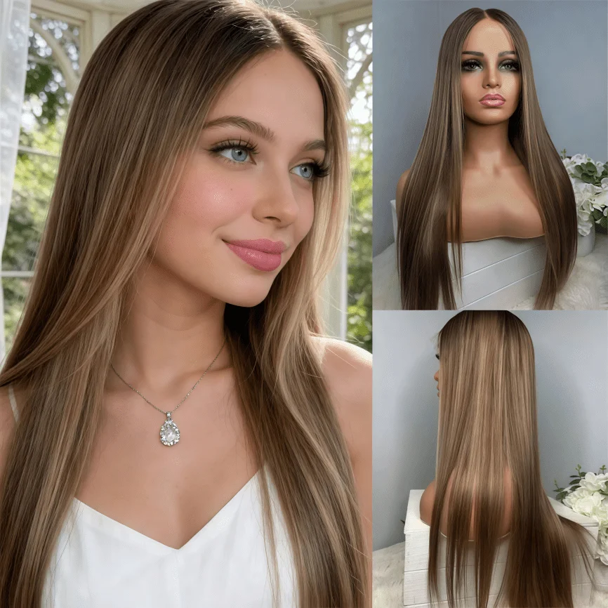

Highlight Blonde Straight 13x6 Front Human Hair Wig Preplucked Blonde Blonde Mixed 180% Density Silk Top Closure Human Hair Wigs