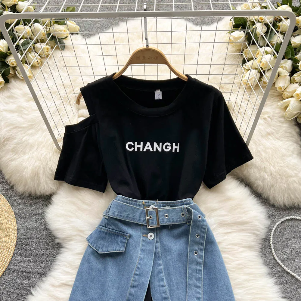 Women Round Neck Letter Print Long Tee High Waist Jean Skirt 2Piece Set Women Off The Shoulder Denim Skirt Set Female