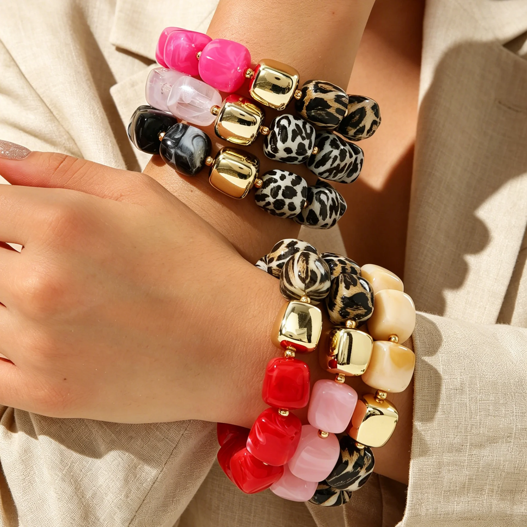 Leopard Print Acrylic Bracelet for Women Bold Multi Color Marbled Resin Bead Large Gold Spacers Aesthetic Statement Multi-Layer