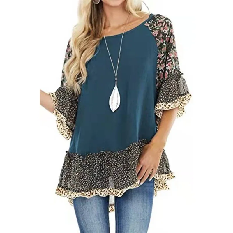 Elegant Fashion Print Spliced Chiffon Blouse Woman Clothing 2024 New Office Lady O-Neck Ruffles Half Sleeve Loose Oversize Shirt