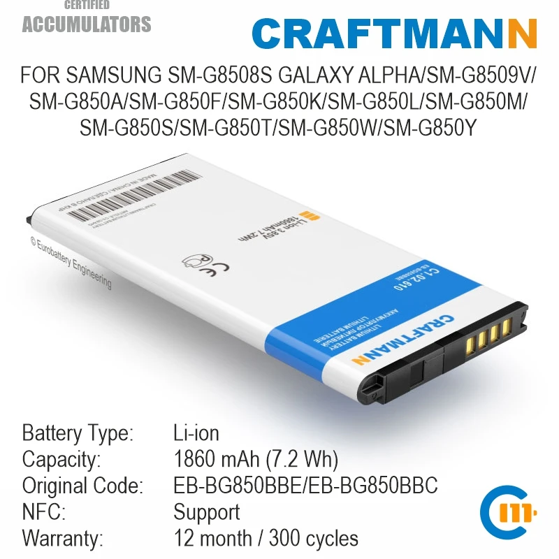 Craftmann Battery Support NFC for Samsung GALAXY ALPHA SM-G8508S/G850A/G850F/G8509V/G850K/G850L/G850W (EB-BG850BBE/EB-BG850BBC)