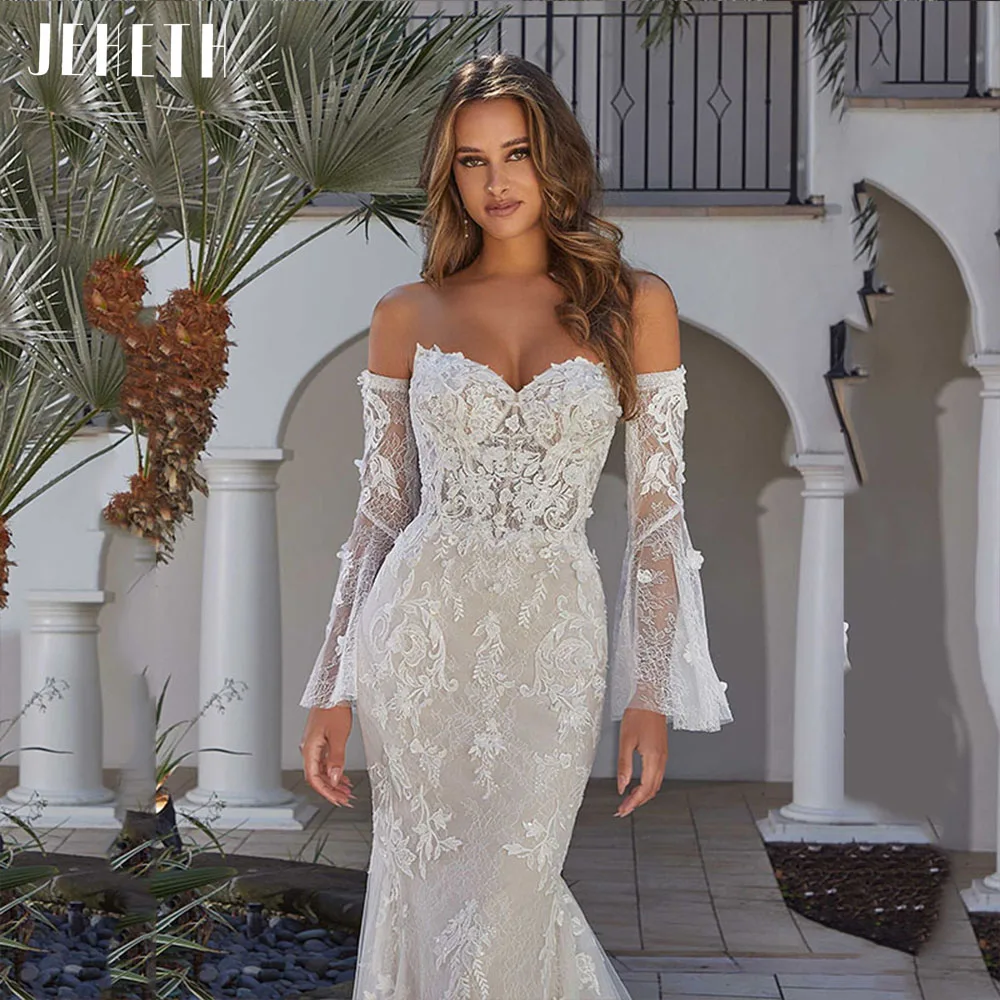 JEHETH Boho Wedding Dresses Mermaid Detachable Bell Sleeves Vestido De Noiva Elegant Lace Appliques Bridal Gown Open Back Sexy