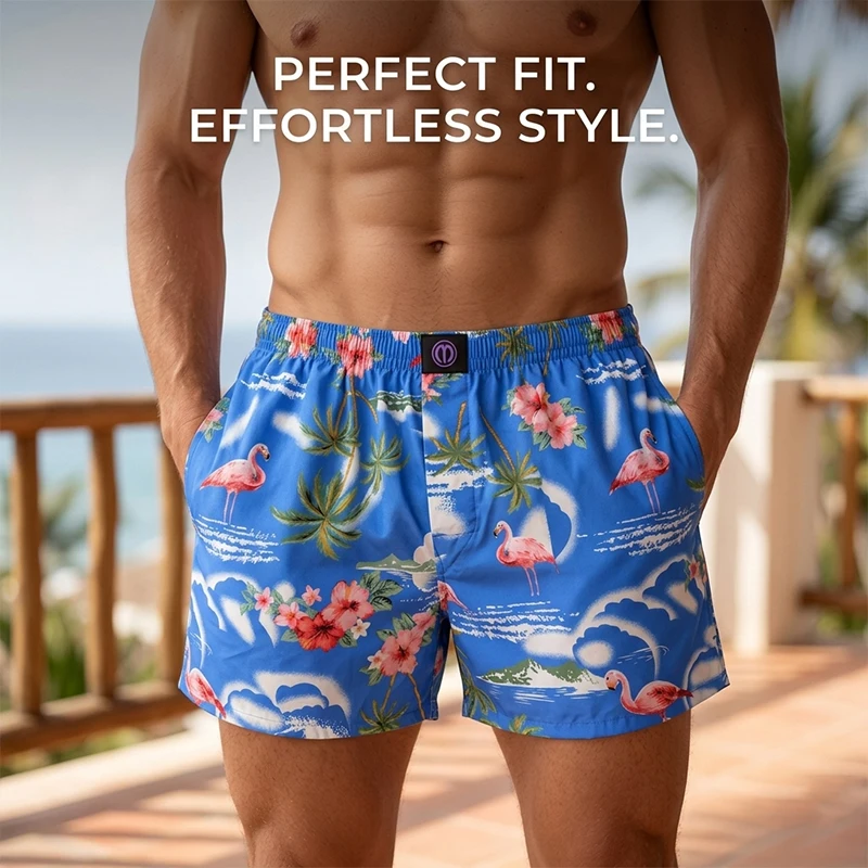 MMELONGENA Men Summer 100% Cotton Boxer Shorts Tropical Flamingo Floral Print Aro Pants Soft Loose Home Sleep Wear Bottoms